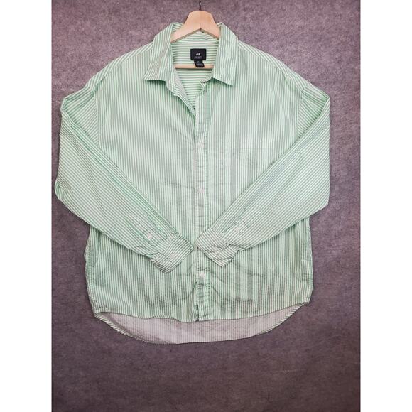H&M Size Large Green & White Stripe Button Up Shirt - Picture 1 of 6